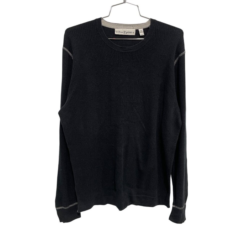 Free Press Thermal Shirt Size Medium Ribbed Crewneck Long Sleeve Black Stretch